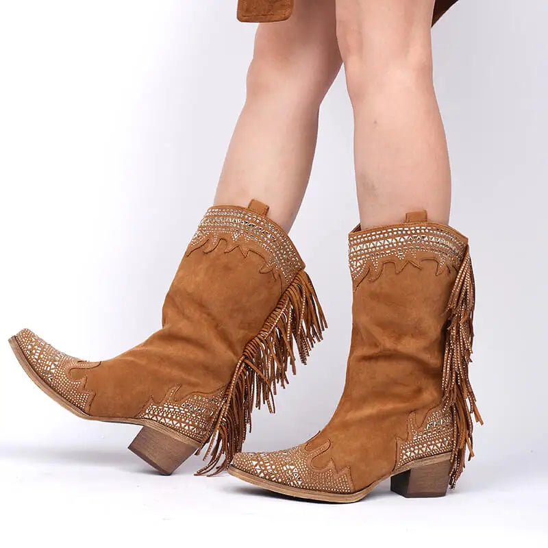 Women Pointed Toe Fringe Side Zipper Retro Western Cowgirl Boots Fringed Chunky Heel Embroidery Cowboy Boots