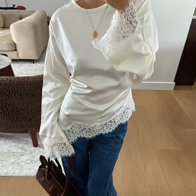 Elegant Solid Lace Trim Satin Blouse For Women Fashion O-neck Long Sleeve Lace Up Waist Tops Lady 2026 Spring Chic Streetwear