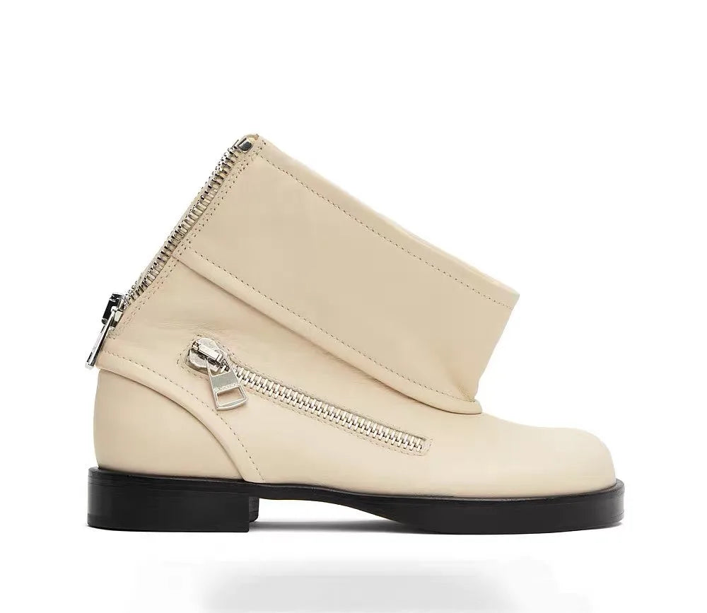 2025 Women's New Ankle Boot Design Zipper Low Heel Flat Bottom Women's Short Boots Motorcycle Boots Spring and Autumn