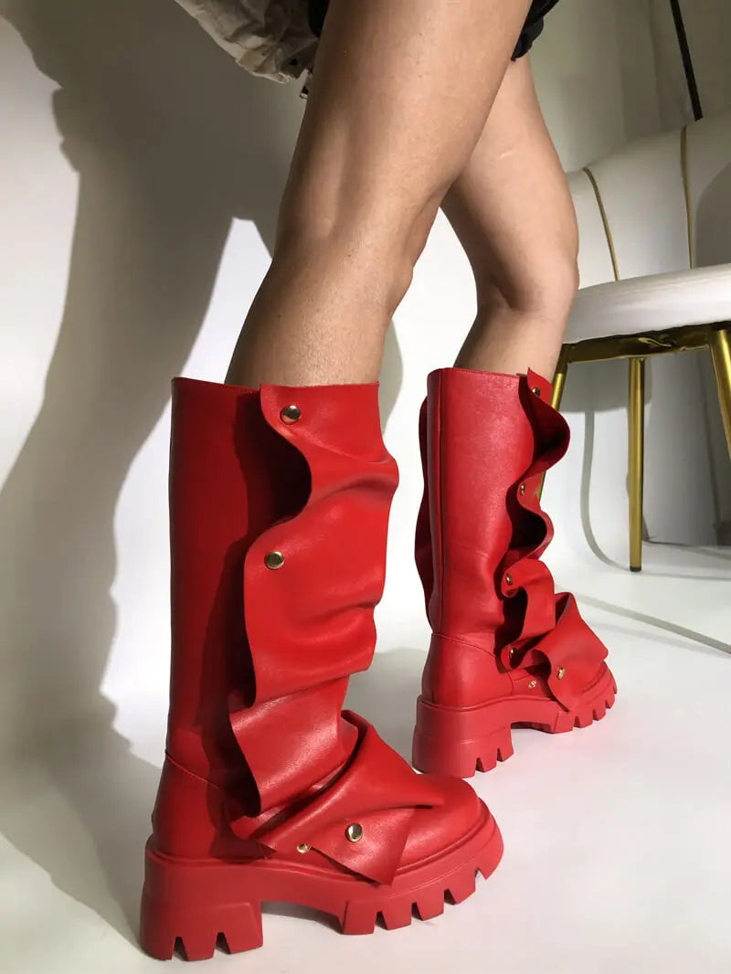 Onlymaker Women Platform Red Fold Over Boots Block Heel Round Toe Western Pull on Fashion Mid-Calf Female Boots