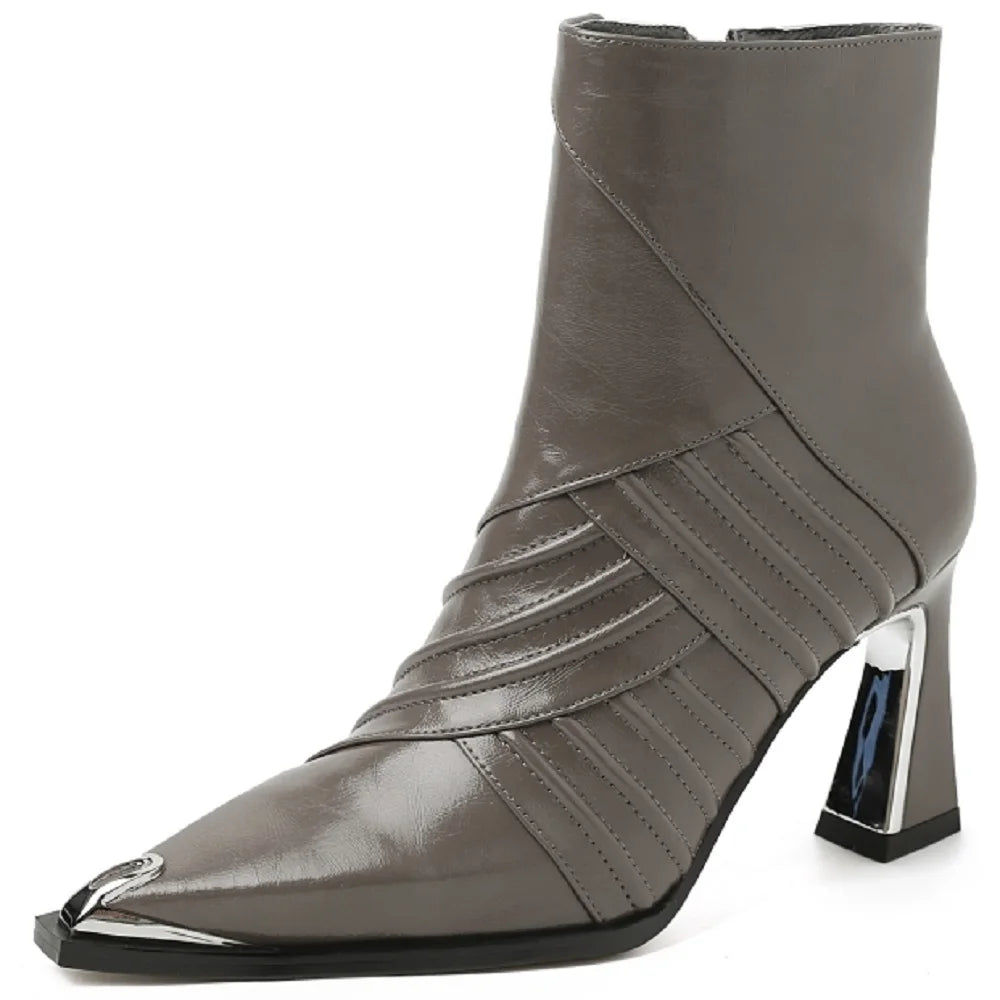New Women Handmade Genuine Leather Ankle Boot Short Pointed Toe Thin High Heels Winter Modern Ladies Shoes 33-40