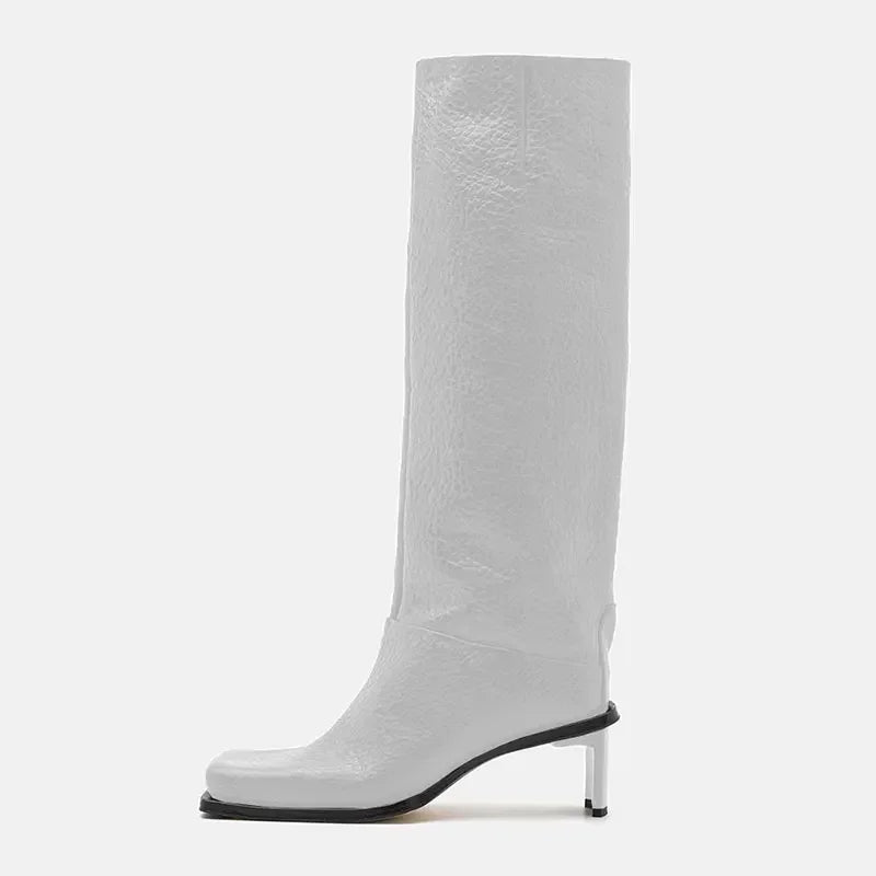 2026 New Fashionable Square Head High Heels Women's Knee Length Boots with Side Zipper Stone Pattern Women's Mid Length Boots