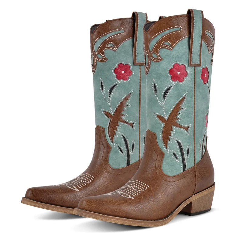 Onlymaker Women Pointed Toe Flower Pull-on Knee High Cowgirl Boots Comfy  Wide Calf Chunky Heel Retro Classic Western Boots