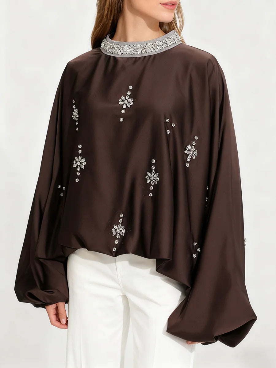 Elegant Retro Loose Blouses for Women Stand Collar Batwing Sleeve Patchwork Diamonds Chic Blouse Female Autumn Clothing New