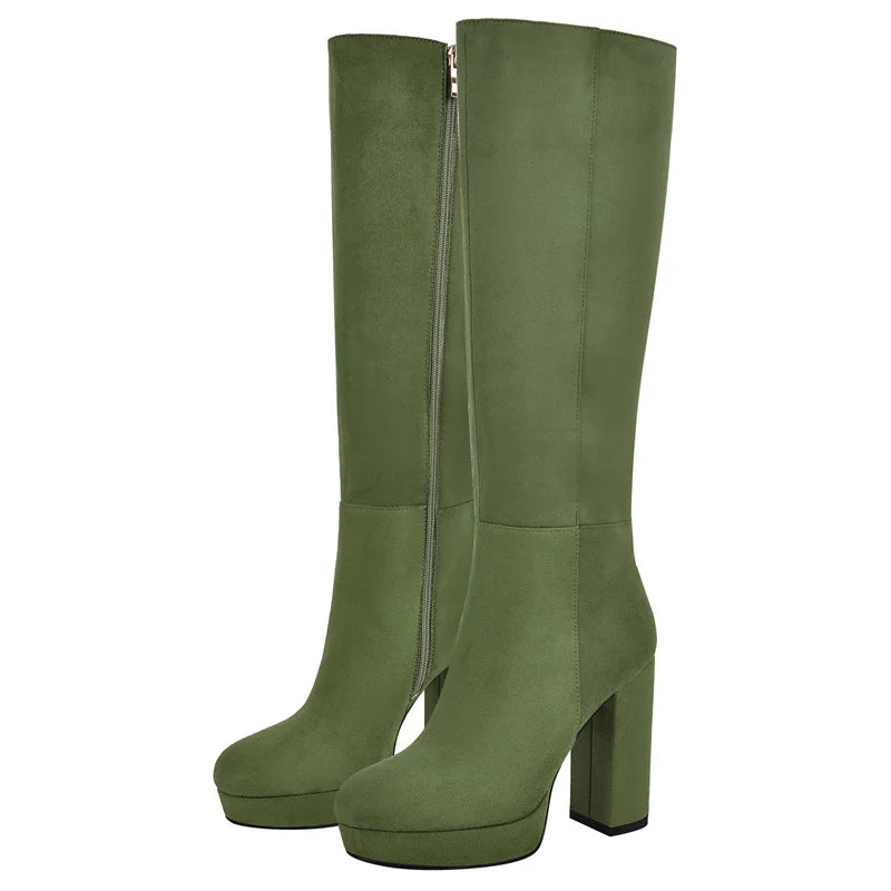 Onlymaker Women Round Toe Platform Knee High Boots Chunky Heel Boots With Side Zipper Concise Tall Modern Boots