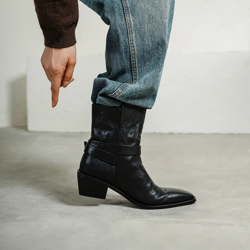 New Quality Women Handmade Genuine Leather Mid Heels Ankle Boots Sexy Square Toe Western Female High Boots 34-40
