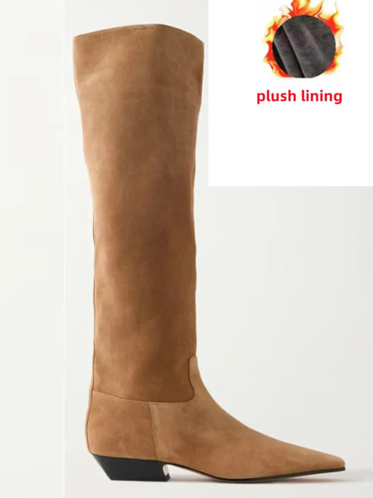 2026 Ladies' Low Heel Knee High Women's Boots Autumn and Winter Square Toe Leather Fashionable 34-46 Large Mid Length Boots