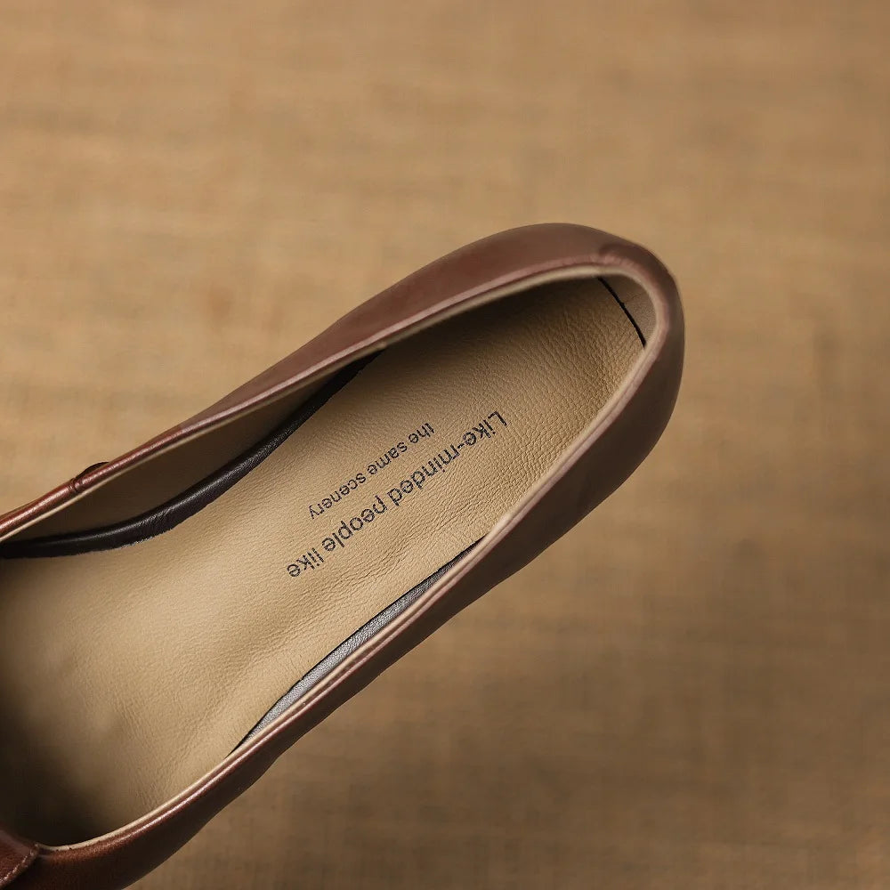 Handmade Genuine Leather Women Soft comfortable Square Toe Dec Mid Thick Heels Office Ladies Dress Shoes Female