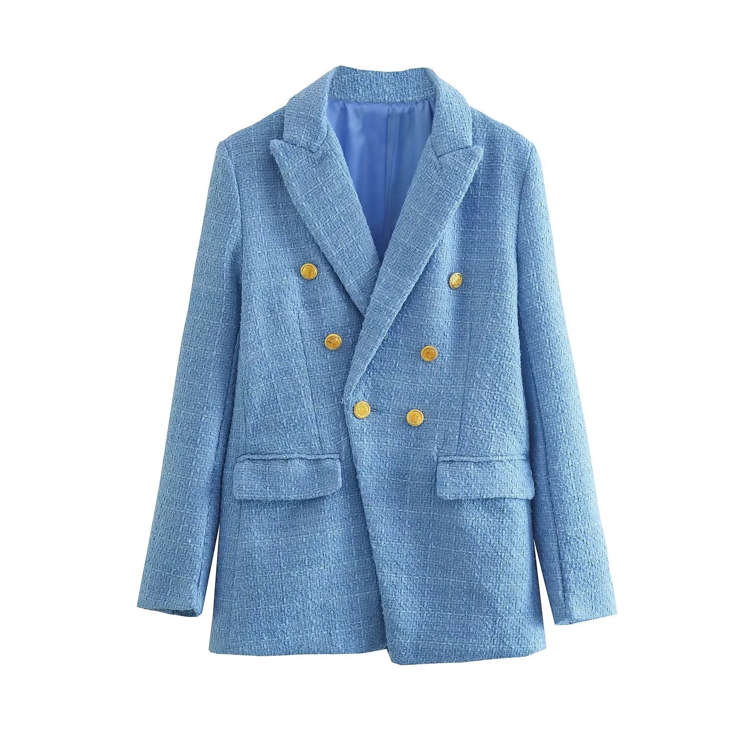 Women's Fashion Spring And Autumn Double Breasted Checkered Suit Jacket Retro Long Sleeved Pocket Suit Jacket