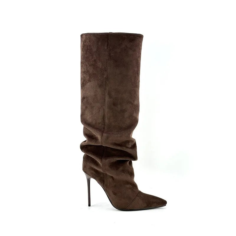 Ladies' Spring and Autumn New High Heels, Knee Length Boots, Side Zipper Folding High Barrel Fashion Large Women's Boots