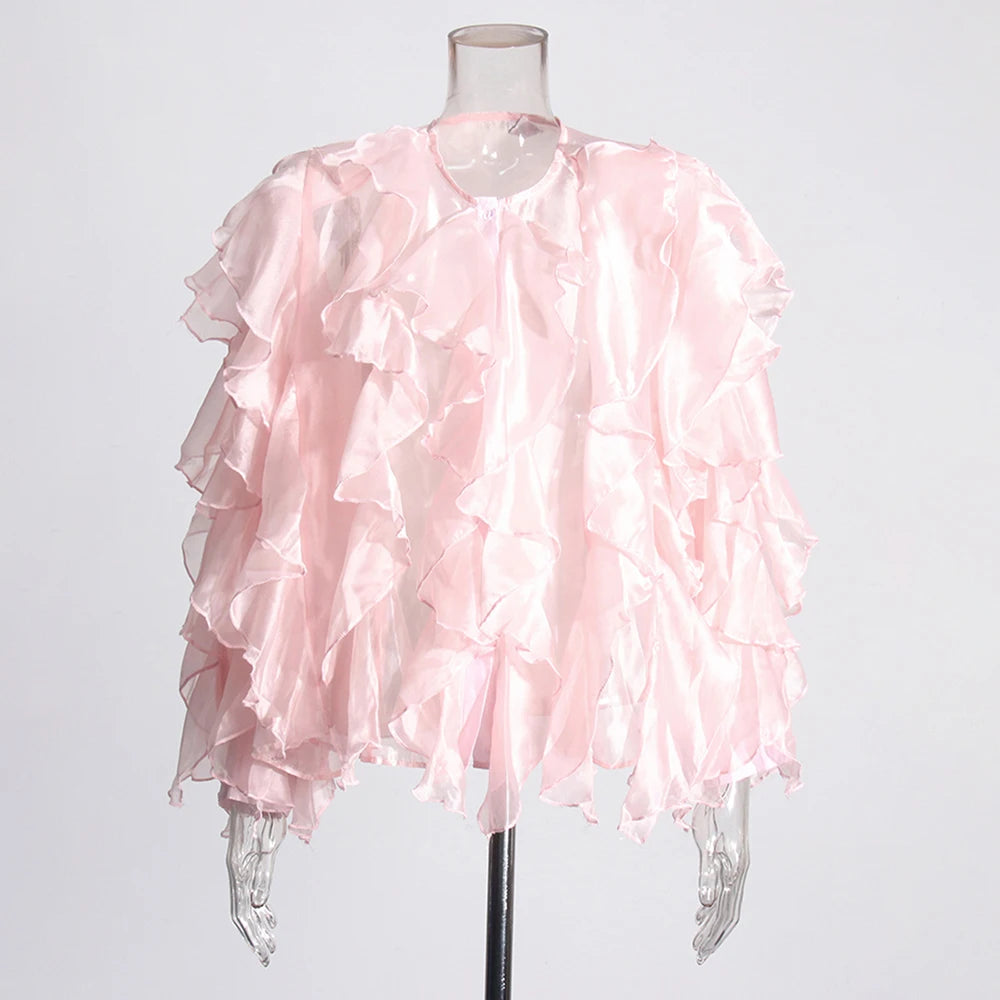 Chic Spliced Ruffles Solid Color Blouse for Women V Neck Long Sleeve Patchwork Sheer Design Loose Shirt Female Fashion Style