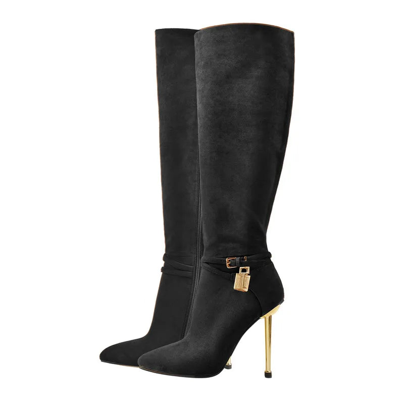 Onlymaker Women's Pointed Toe Brown Suede Lock Decoration Side Zip Knee High Boots Side Zip Stiletto Metal Heel Fashion Boots