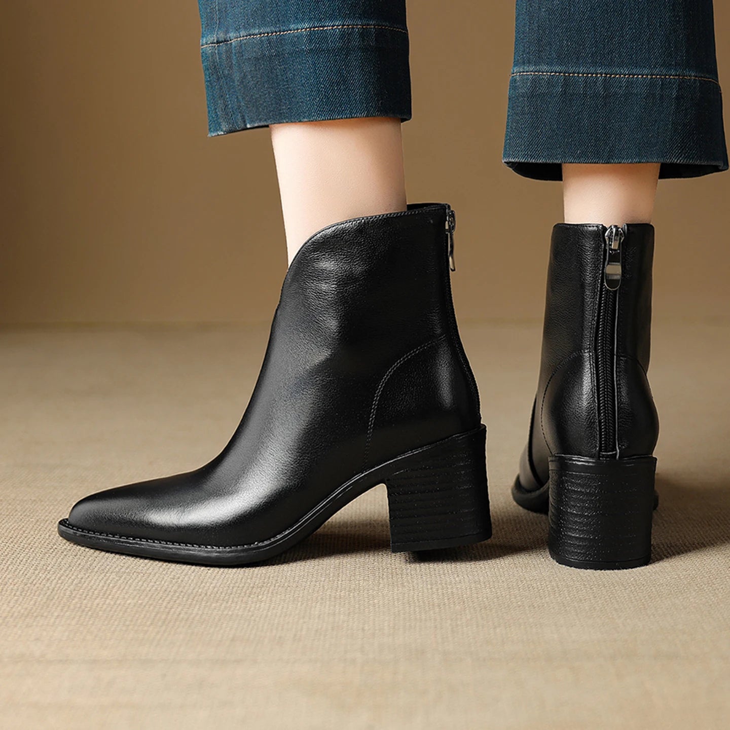 Women Handmade Genuine Leather Pointed Toe Chunky Heel Shoes Casual Zip Ankle Boots Western Boots 34-40