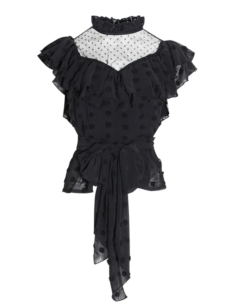 Ruffles Minimalist Shirts For Women Stand Collar Sleeveless Backless Patchwork Zipper Temperament Blouse Female Fashion New