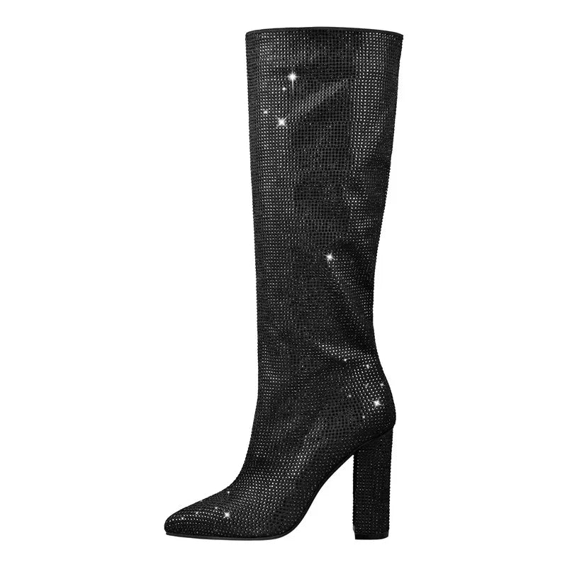 Onlymaker Women Pointed Toe Zipper Square Heels Boots Luxury  Rhinestones Bling Fashion Party Dress Big Size Lady Boots