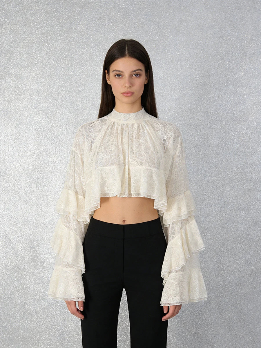 Romantic Dates Apricot Lace Cropped Blouse for Women Ruffled Flare Sleeves High Neck Sheer Fabric for Afternoon Tea