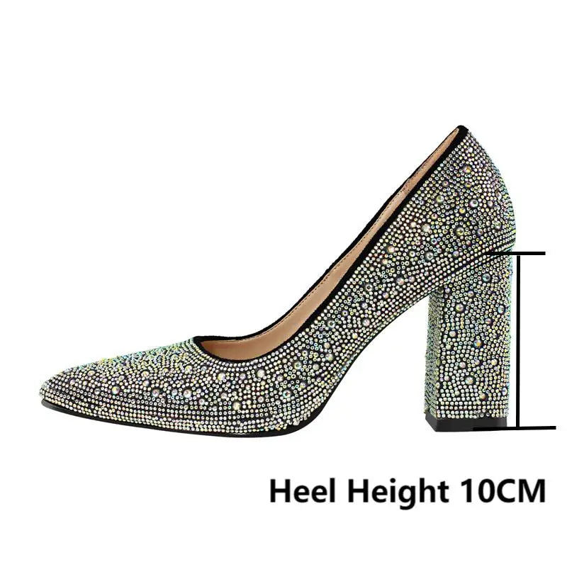Women Rhinestone Pointed Toe Chunky Heel Pumps Slip On Thick Heel Wedding Office Dress Big Size Lady Shoes