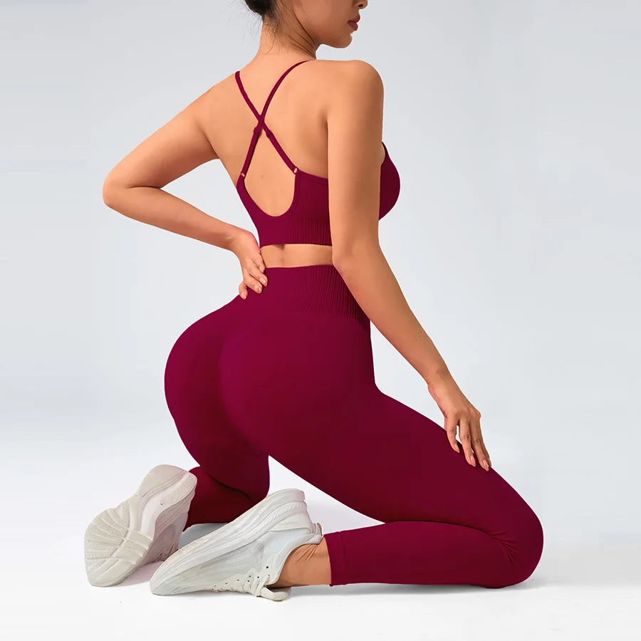 2 pcs/set Seamless Tight Pants Set Rose Red Tank Top Outfit Women's Clothing Breathable  Trousers  Athleisure Fitness Pants