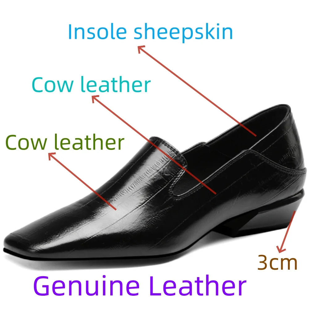Woman Handmade Genuine Leather Elegant Square Toe Cute Casual Flats Female Retro Shoe Mid Heeled Soft Soled 34-40