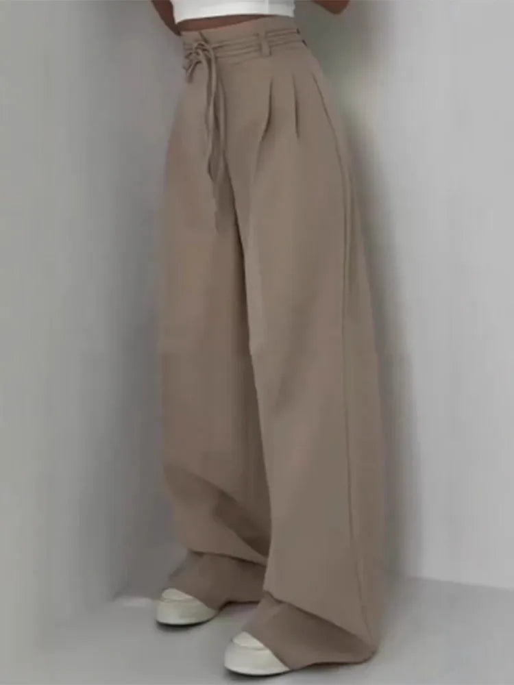 Fashion Y2K Wide Leg Long Pant For Women Elegant Elastic High Waist Double Drawstring Baggy Pant Office Lady Loose Suit Trousers