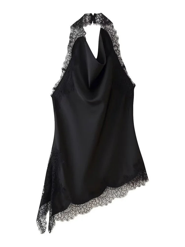 Black Lace Sexy Tank Top For Women Patchwork Backless Slim Summer 2026 New Solid V-Neck Cropped Top Female Halter Top Vest