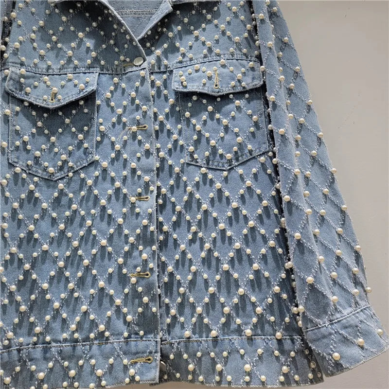 2026 Jeans Jacket Spring New Loose Heavy Beaded Denim Jacket For Women Trendy Long Sleeve Lapel Single-breasted Coat Female 11A08646