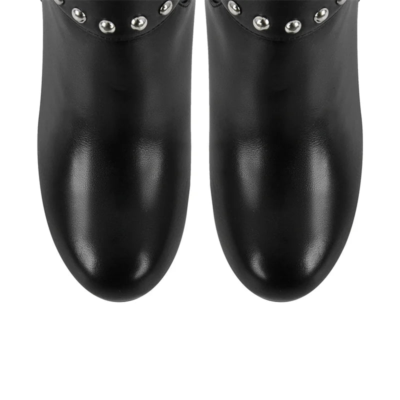 Onlymaker Women Round Toe Platform Knee High Boots Chunky Heel Side Zipper Metal Rivet Decoration Buckle Motorcycle Boots