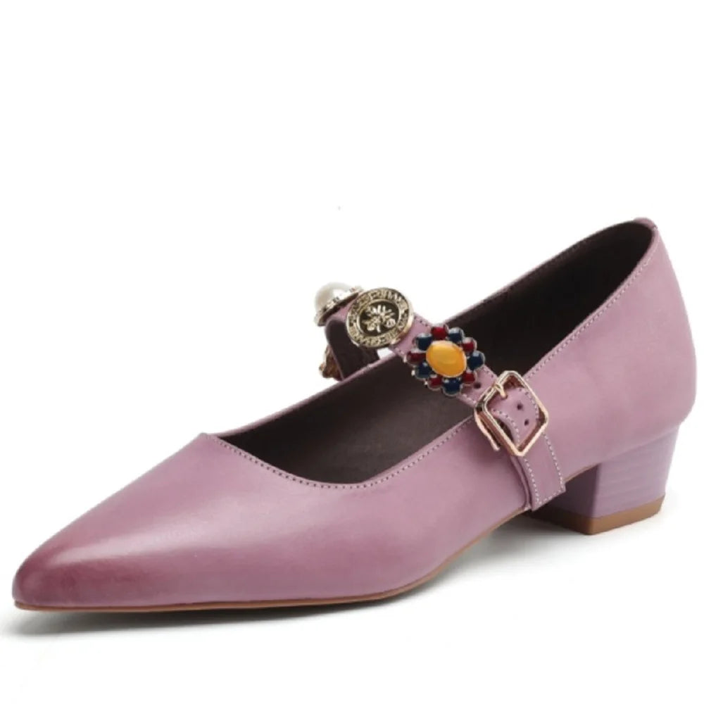 Handmade Genuine Leather round Toe Camellia Mary Jane Shoes Women's Retro Low Heel Single Shoes Comfortable