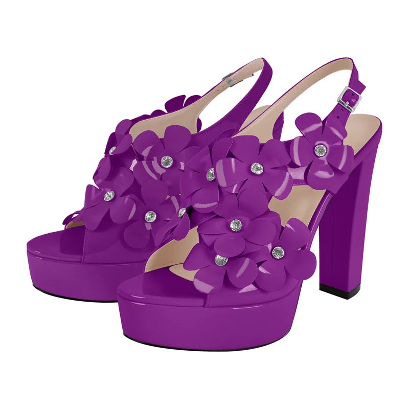 Women Open Toe Pink Patent Leather  Platform Chuncky Heel Ankle Buckle Strap Sandals Big Size Flower Punk Sandals