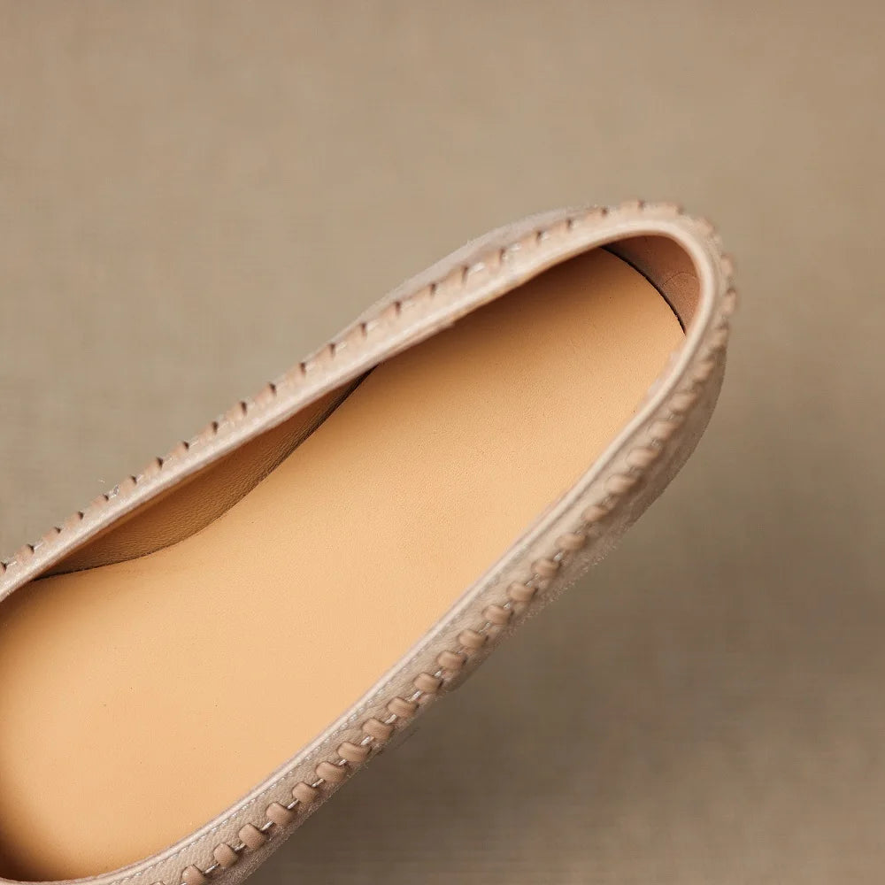 Handmade Genuine Leather Square Toe Low Heels Spring Autumn Shoes Beading Preppy Style Sewing Shallow Women Pumps