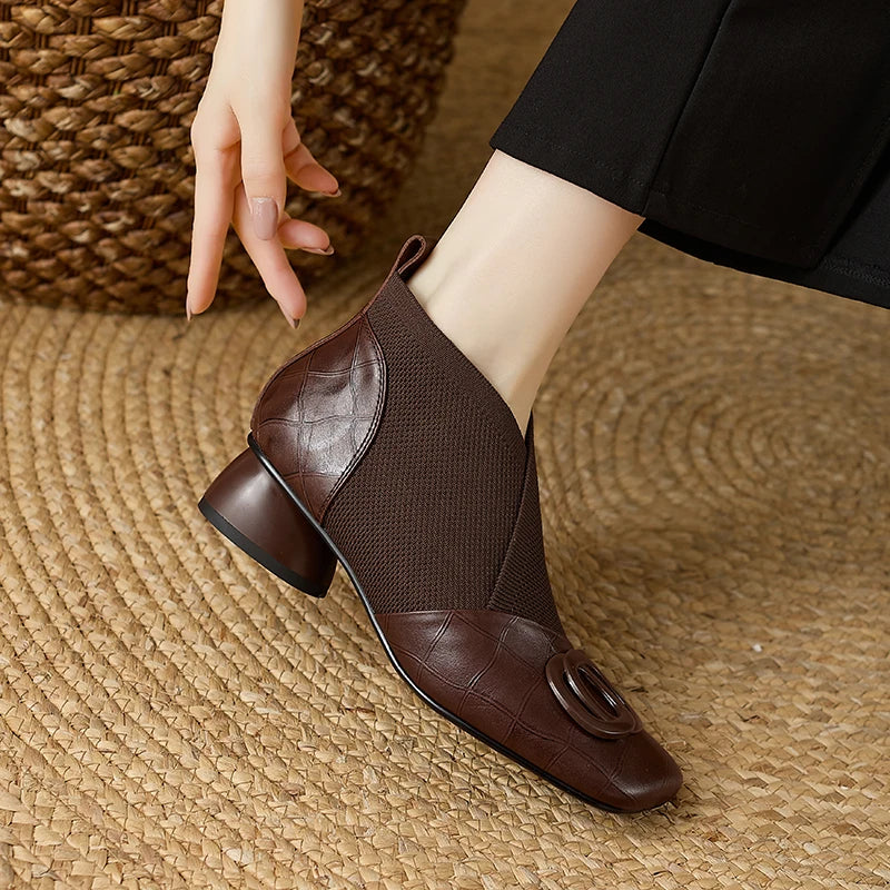 Handmade Brand Genuine Leather Women Ankle Boots Mid Heels Square toe Autumn Winter Dress Party Lady 34-43