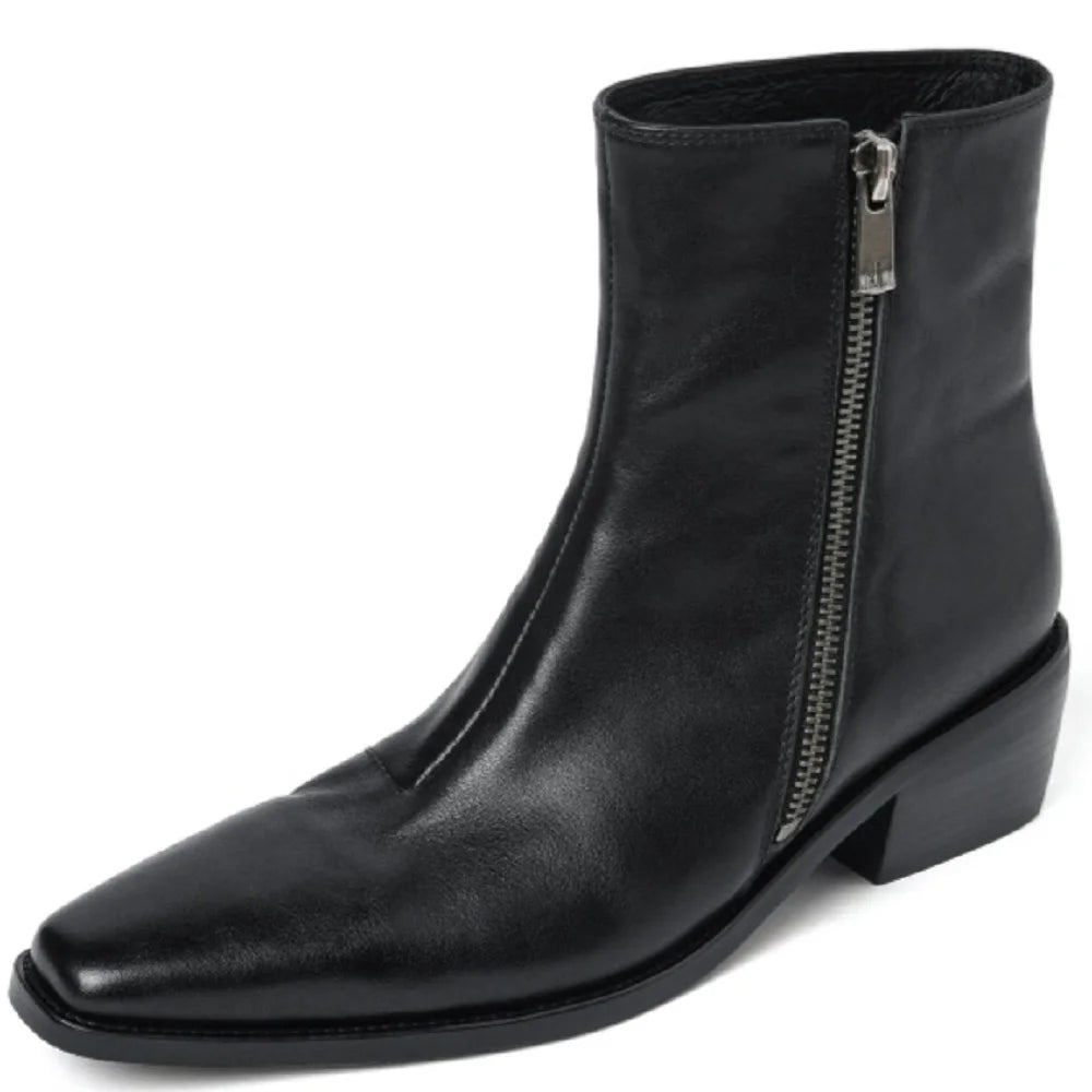 Size 34-40 New Handmade Genuine Leather Soft and comfortable Ankle Boots Zipper Chunky Mid Heels Square Toe Boot