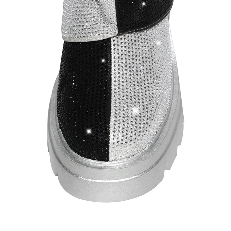 Women Fold Over Rhinestone Trim Boots Round Toe Handmade Female Side Zipper Mid-Calf Boots