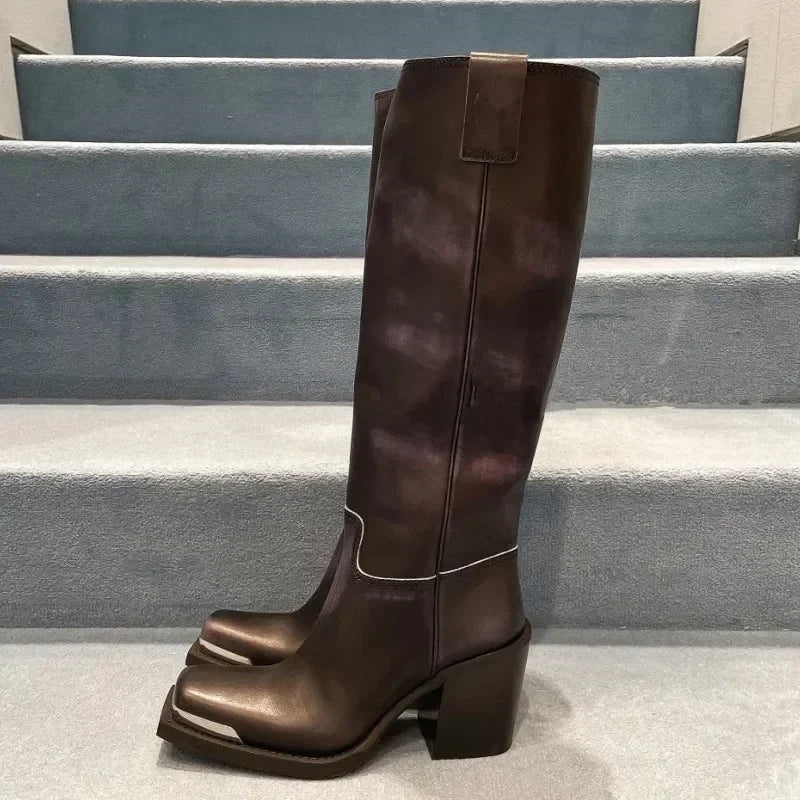 2026New Advanced Metal Square Head Women's Knight Boot Thick High Heel Sleeve Versatile Comfortable Women's Long Boots