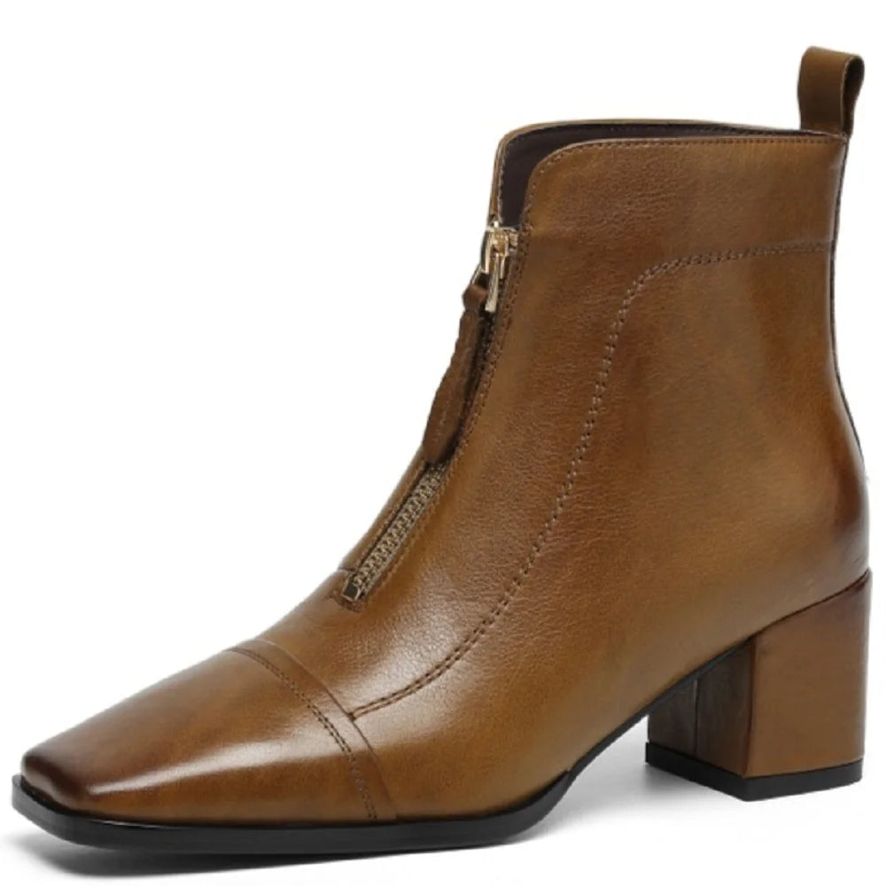 New Women Handmade Genuine Leather Soft comfortable High Heels Ankle Boots Square Toe Short Elegant Short 34-40