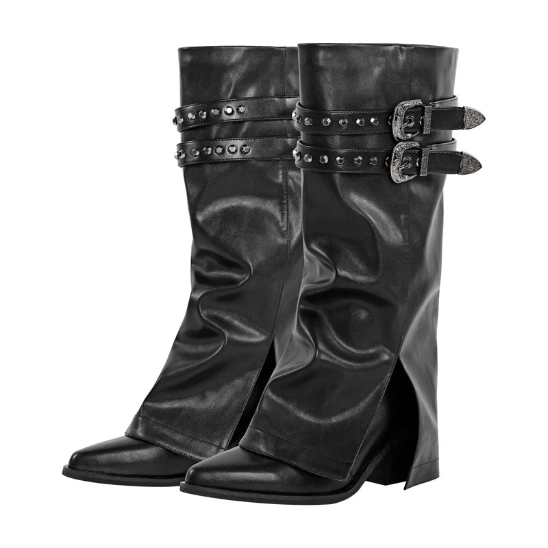 Onlymaker Women Pointed Toe Mid-Calf Boot Matte Black Sewing Embroidered Thick Heels Zipper Winter  Big Size Cowboy Boots
