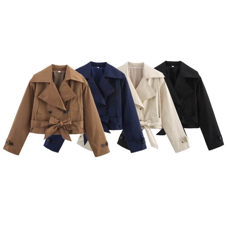 new  women's British wind trench coat style double-breasted long sleeve belt lapel jacket short coat