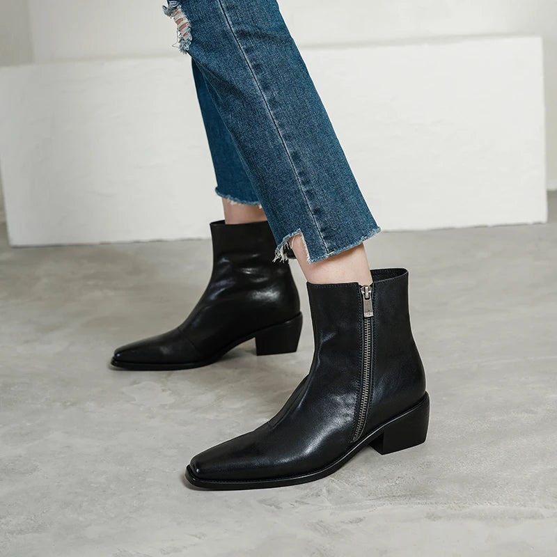Size 34-40 New Handmade Genuine Leather Soft and comfortable Ankle Boots Zipper Chunky Mid Heels Square Toe Boot