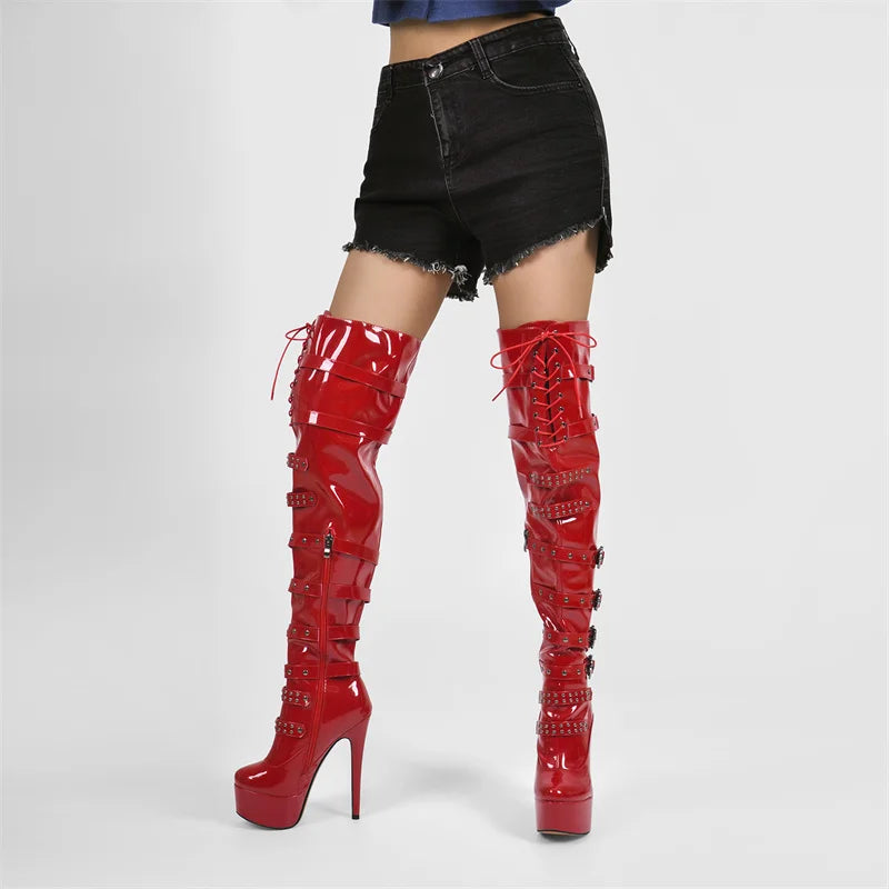 Onlymaker Women Platform Stiletto Red  Over The Knee High Boots Side Zipper Patent Leather Fashion Sexy Winter Female Boots