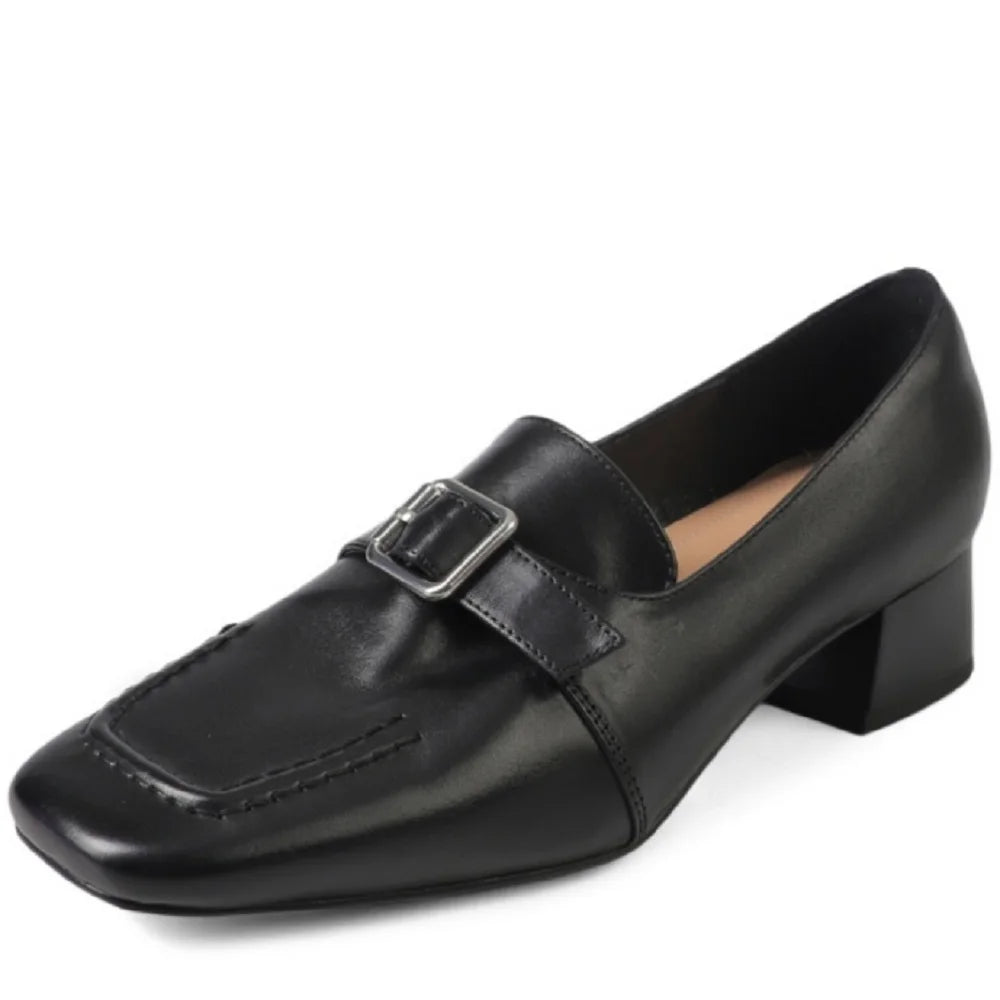 Handmade Genuine Leather Square Toe Thick Belted Women's Shoes Mid Heels Comfortable Cut Buckle Closure 34-40