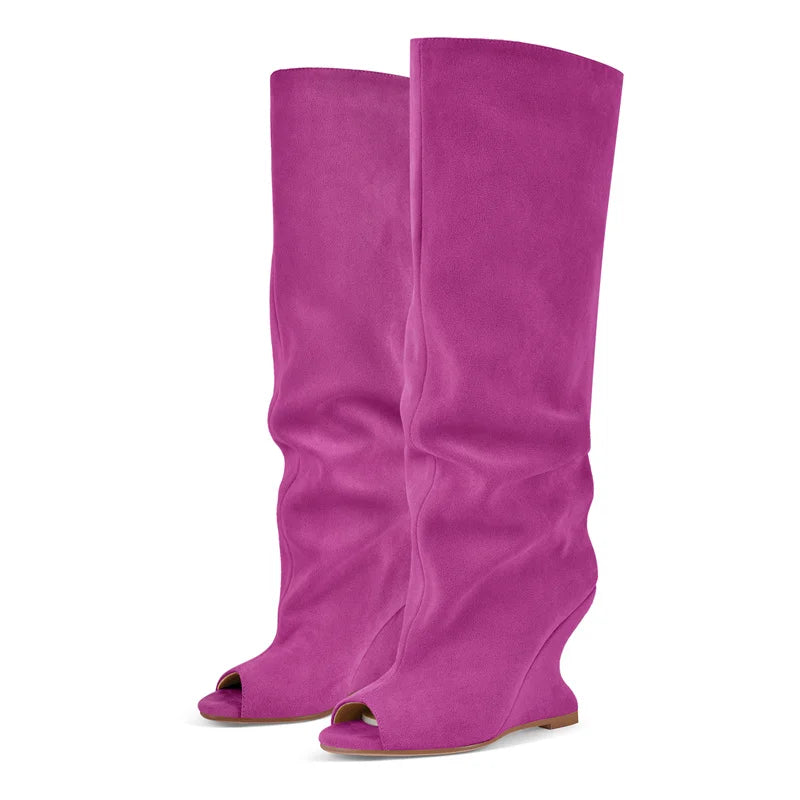 Onlymaker Women Peep Toe Wedge Flock Fashion Chunky Boots