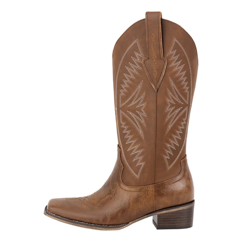 Onlymaker Women Square Toe Embroidered  Western Boots Block Heel Fashion Big Size Side Zipper Cowgirl Boots