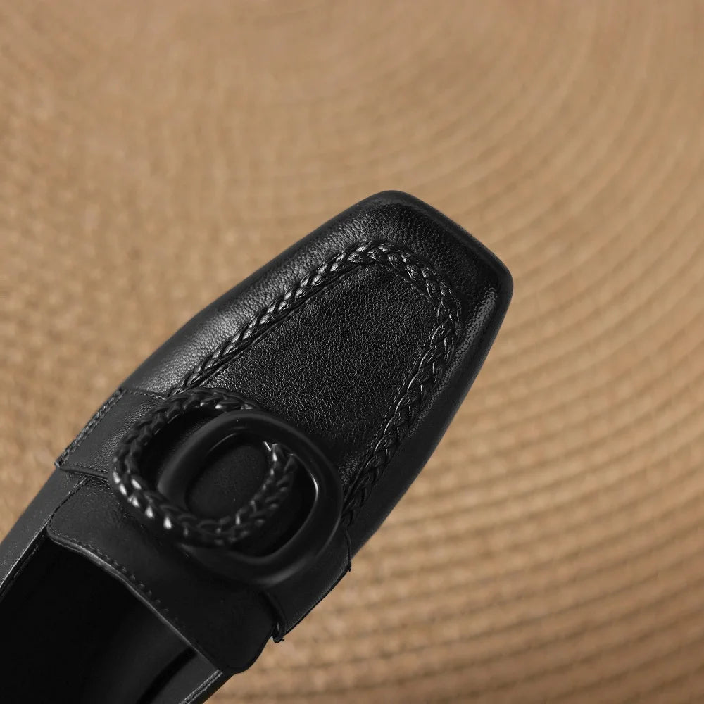 Women Handmade Genuine Leather Retro Slip On Med Heels Shoes Elegant Chunky Heels Single Shoes 34-40