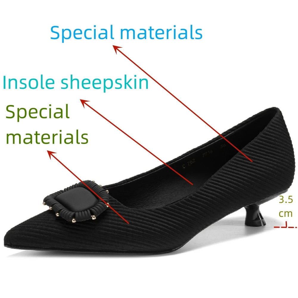 Handmade Comfortable French Pointed Toe Mid Heels Women's New Square Buckle Slip-On Shoes Commuting Shoes 34-40