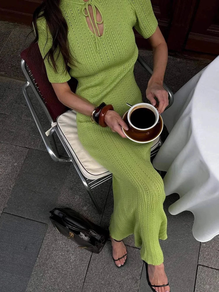 TARUXY Short Sleeve Knitted Long Dress Female Slim Hollow Retro Elegant Sweater Dress 2026 Summer New High Waist Women‘s Dress