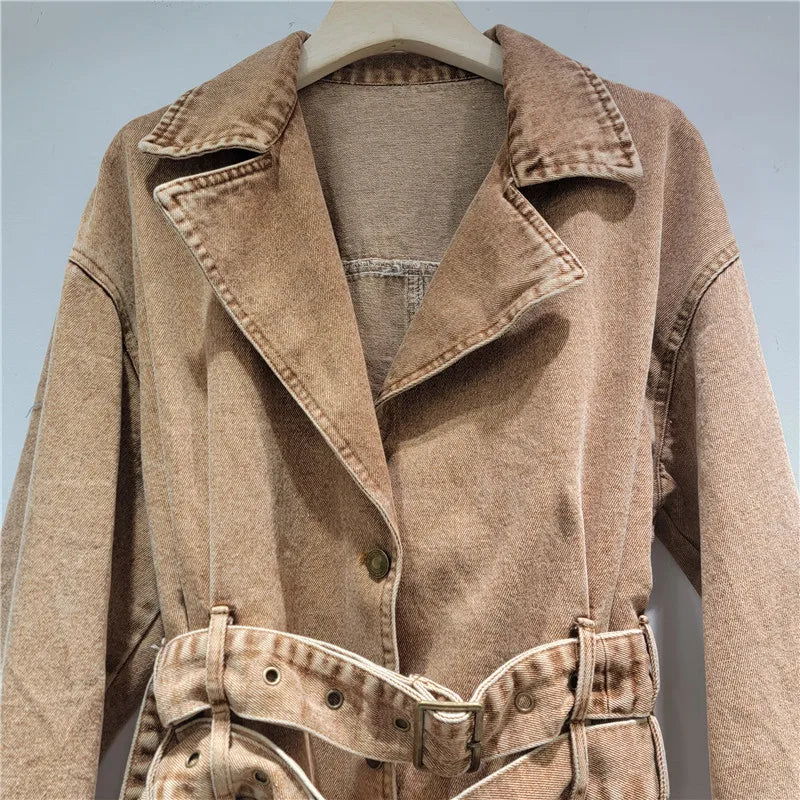 2026 Jeans Jacket  Early New Fashion Style Turn-Down Collar Short Vintage Denim Jacket For Women With Double Button Belt Coat 11A08252