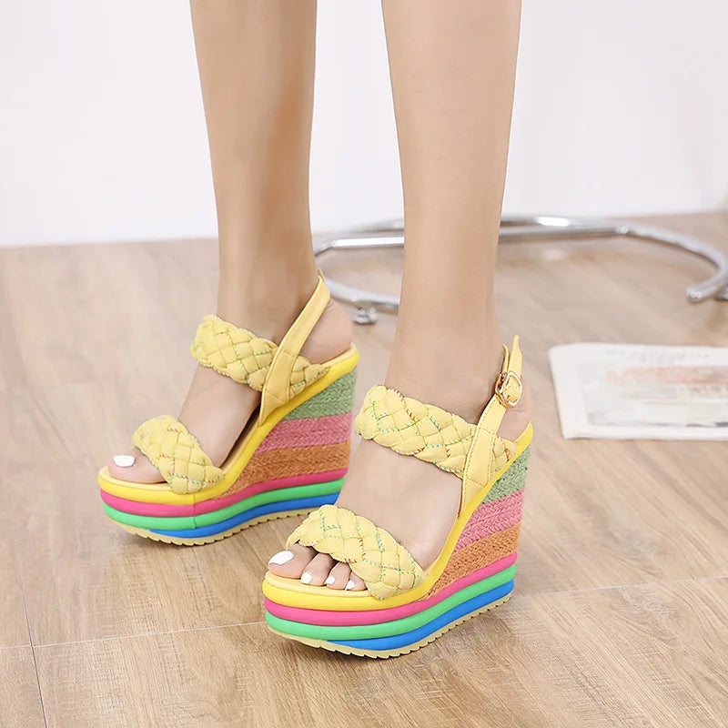 Plus Size 34-43 Shoes for Women Summer 20246Rainbow Wedge Sandals Open Toe Sandalias