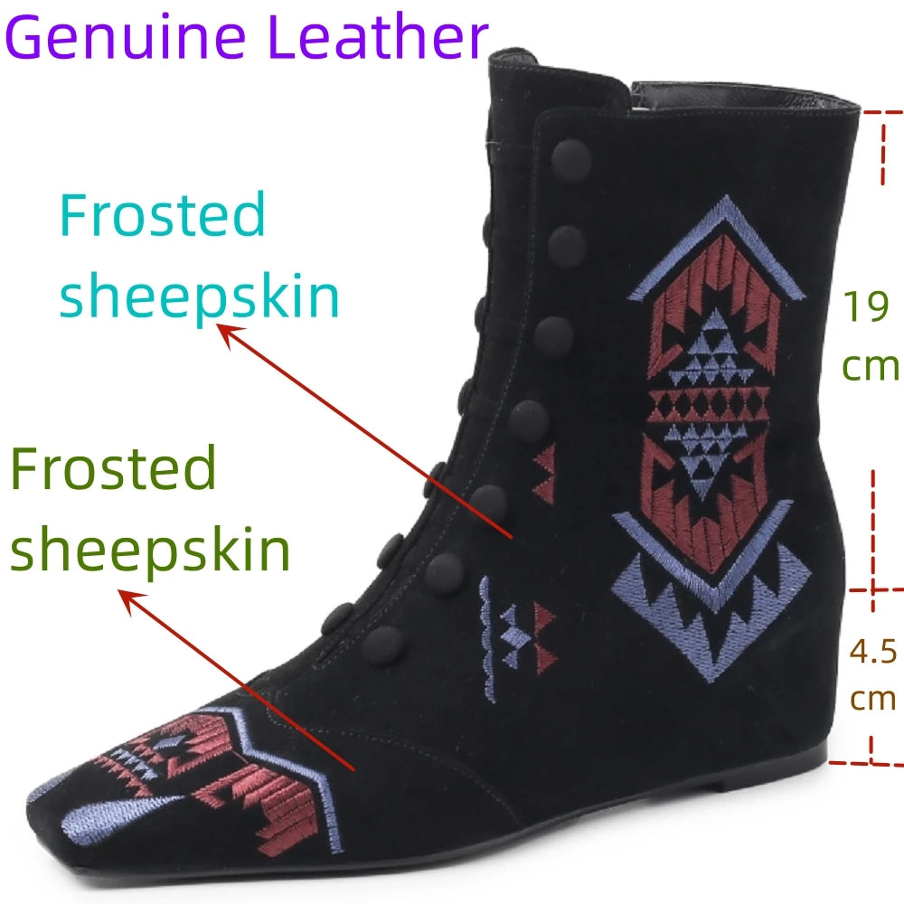 Handmade Genuine Leather Embroidered Boots Tube Low Heel Women Footwear Winter Season Square Toe Slope Heel 33-40
