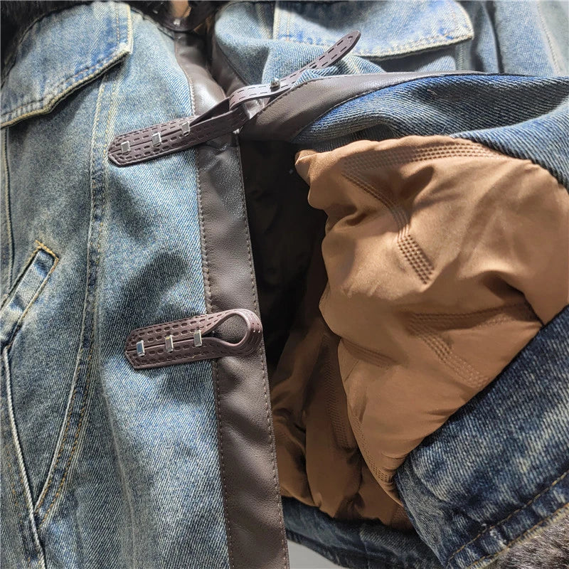 2026 Jeans Jacket Winter New Fashion Patchwork Denim Parka Coat For Women Vintage Thickened Faux Fur Short Jacket Female 11A06679