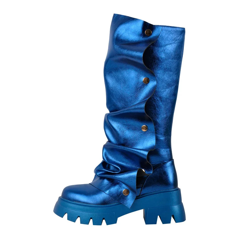 Onlymaker Women Platform Red Fold Over Boots Block Heel Round Toe Western Pull on Fashion Mid-Calf Female Boots